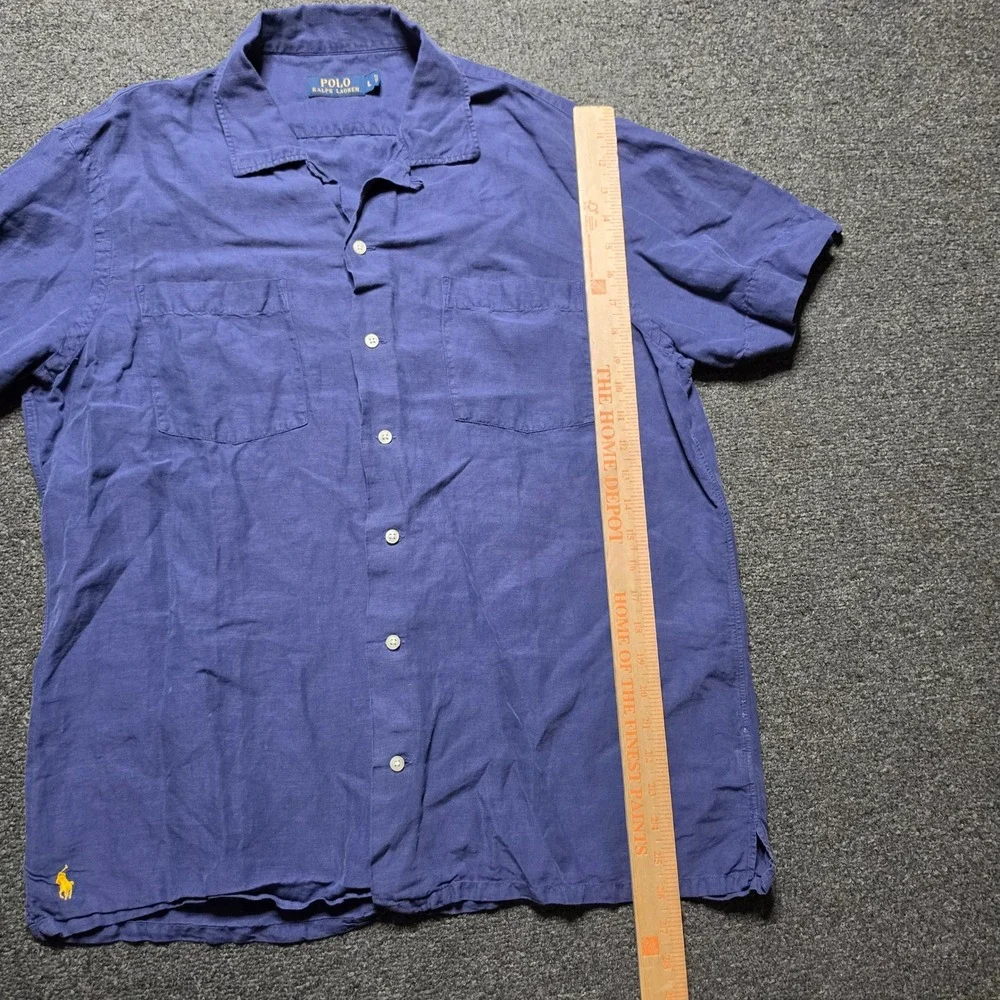 Polo Ralph Lauren Button Down Shirt Blue Mens Large Linen Silk Camp Collar Pony